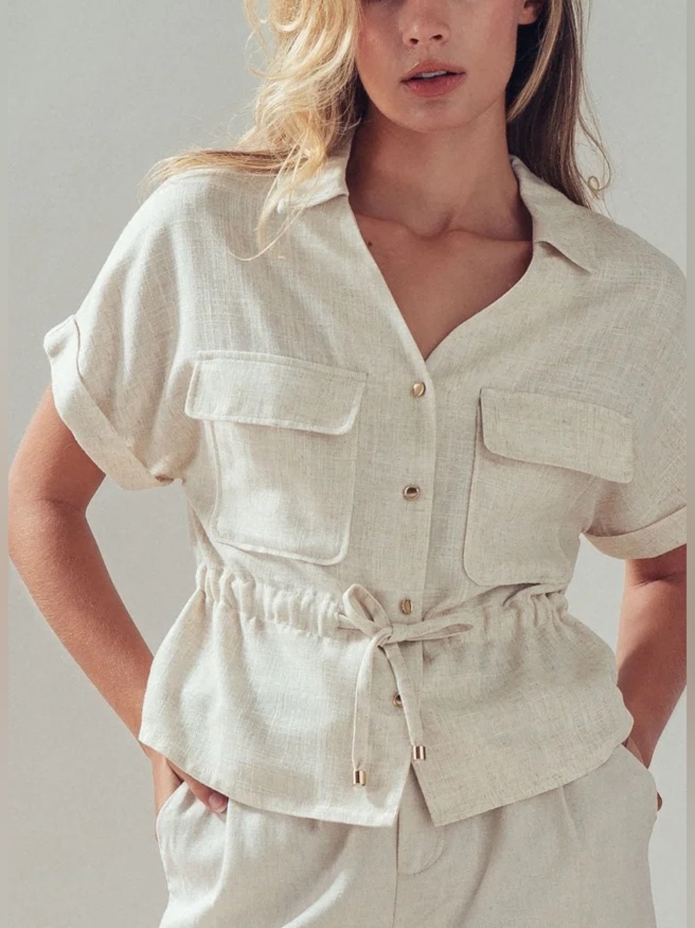 Love Tree Cream Boho Short-Sleeve Linen Button Front Top